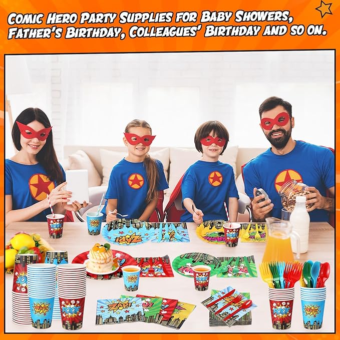 450 Pcs Hero Theme Tableware Set Decorations, Hero Action Themed Disposable Paper Plates Napkins Cups Cutlery Straws for Comic Birthday Baby Shower Party Supplies, Dinnerware Serves 50