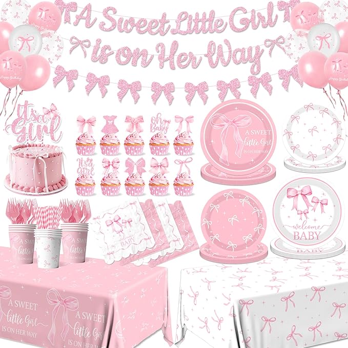 Pink Bow Baby Shower Decorations for Girl,Pink Bow Birthday Party Supplies Include Bow Plate,Napkin,Banner,Cake Topper,Balloons Welcome Baby Girl Decorations for Coquette Bow Party Serves 25