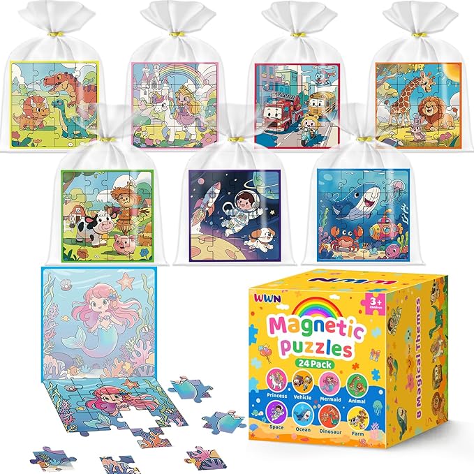 WWN Magnetic Puzzle Party Favors for Kids: 24-Pack Bulk Magnetic Puzzle Books, Toddler Travel Toys for Car Airplane, Birthday Party Supplies, School Classroom Prizes, Stocking Stuffers for Girls Boys