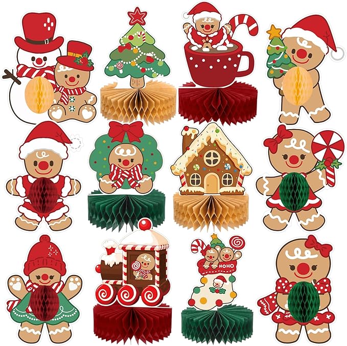 12PCS Christmas Table Centerpieces Gingerbread Christmas Decorations Honeycomb Centerpieces Xmas Party Decorations Snowman Table Toppers for Winter Holiday Party Supplies