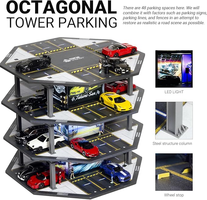 1/64 Scale Octagonal Building Style Display Case Car Garage Moldel with LED Light and Diecast Car Show Case 48 Parking 4th Floor