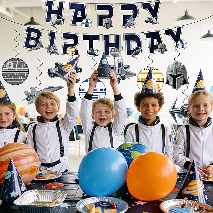 Galaxy Wars Birthday Decorations Outer Space Happy Birthday Banner Black Stars Science Fiction Party Hanging Swirls Streamers Ceiling Decor for Universe Space Star Themed Party Supplies Wall Decor