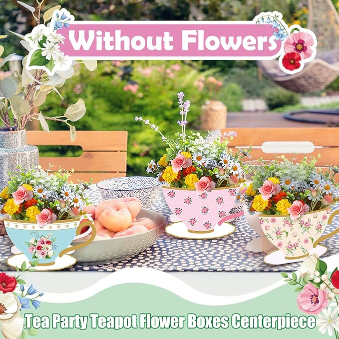 Yinder 6 Pcs Tea Party Decorations Princess Party Flower Boxes Centerpiece Floral Teapot Centerpiece for Floral Tea Themed Birthday Wedding Supplies(Fresh Tea Cup)