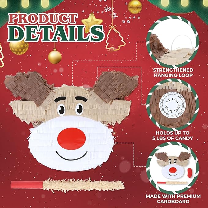Christmas Reindeer Pinatas Bundle with a Blindfold and Bat (Small Size 16.5 x 12 x4 Inches), Holiday Theme Piñata, Christmas Party Supplies, Xmas Piñata, Party Decoration Games