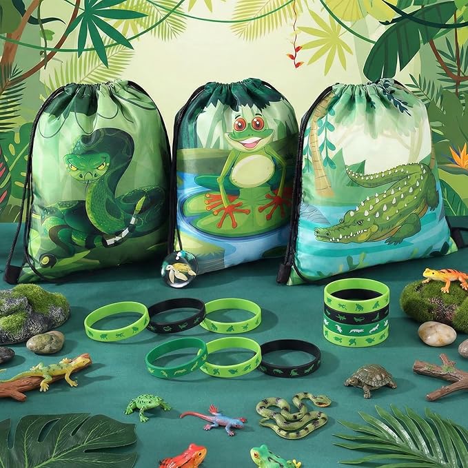 32 Pcs Retile Birthday Party Decorations Retile Party Favors Bags Green Silicone Wristband Crocodile Turtle Drawstring Goodies Bags Frog Lizard Toys for Boys Girls Wild Themed Birthday Supplies