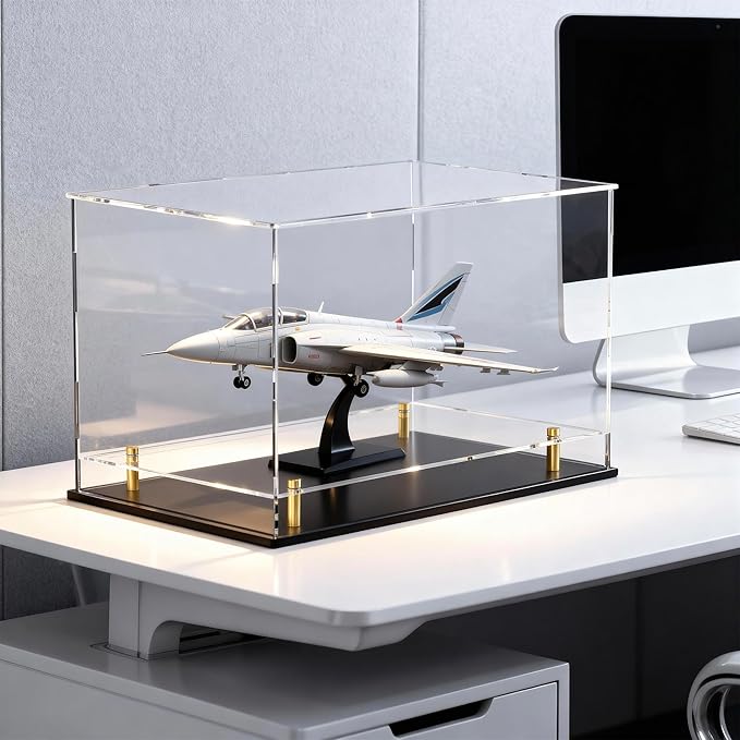 Acrylic Display Case for Collectibles, Dustproof Acrylic Box with Clear Display Elevation & Gold Risers, Large Display Case for Figures Toys Memorabilia, 14.5" L x 11" W x 11" H