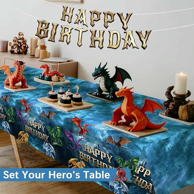 3pcs Dragon Birthday Party Decorations Tablecloth, Large Size 54 X 108 Inch Dragon Party Table Cloth for Dragon Themed Decor