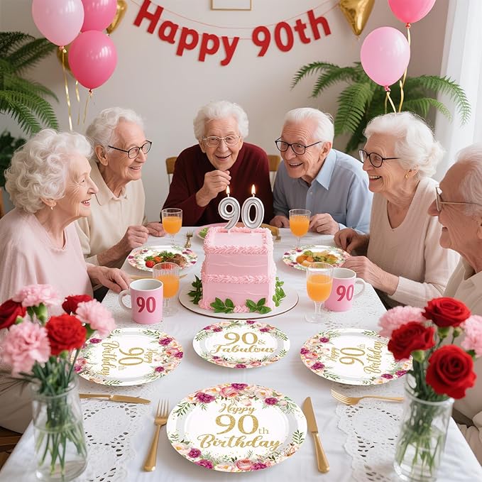 96Pcs 90th Birthday Decorations for Women Rose Gold Floral Party Plates and Napkins Disposable 90th Birthday Gifts Tableware Set for Women Fabulous Party Decorations Serves 24