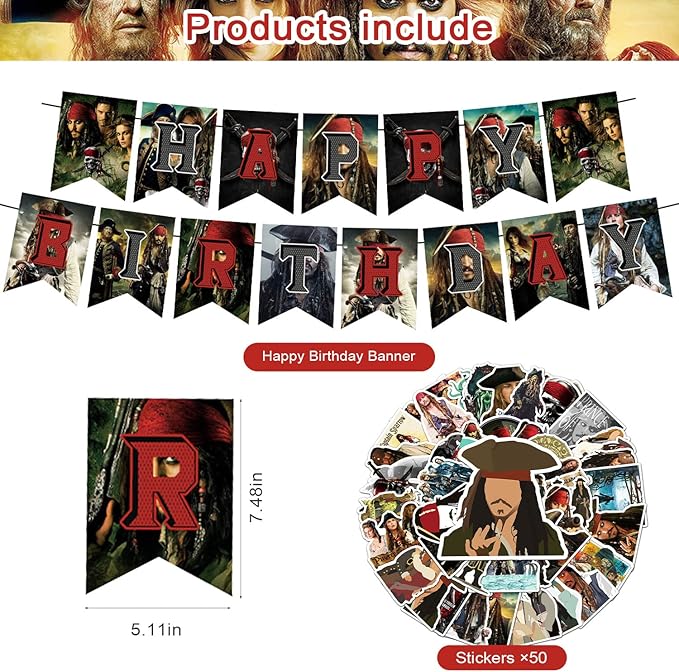 Pirates of the Caribbean Party Decorations,Birthday Party Supplies for Depp - Includes Banner, 12 Cake Toppers, 18 Balloons, 50 Stickers