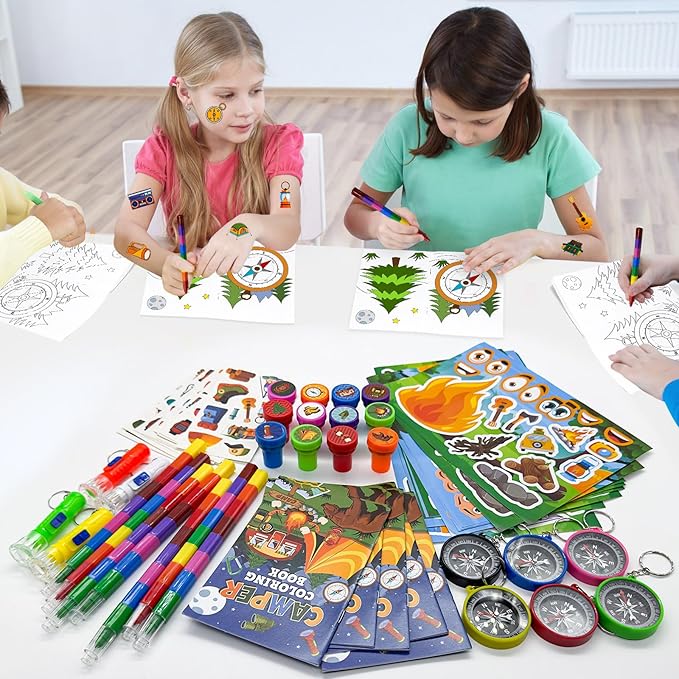 Cinrobiye 72 Pcs Happy Camper Party Favors Bulk, Summer Camper Birthday Party Supplies, Adventure Camping Coloring Book with Crayons Tattoos Stampers for Pinatas Gifts，Camper Party Goodie Bag Fillers