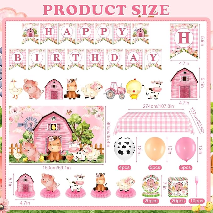 Pink Farm Animal Theme Birthday Party Supplies Decorations Tableware Set for Girl Baby Shower Farm Animal Happy Birthday Banner Backdrop Balloon Tablecloth Plate Napkins Forks Honeycomb Centerpiece