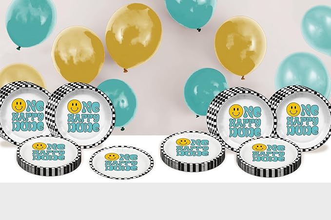 One Happy Dude Smiley Face First Birthday - 32 Piece Disposable Party Supplies - Decorations for Boy's 1st Birthday Round Party Plates - Large 9" Paper Plates In Bulk