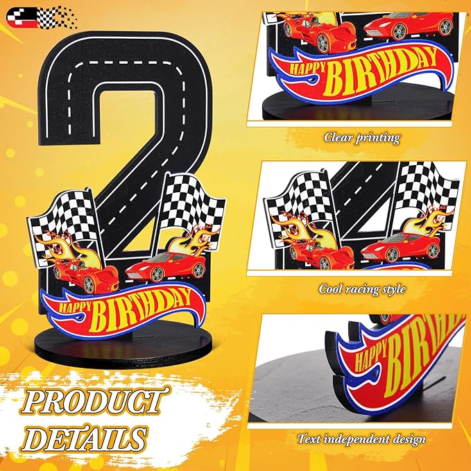Race Car 2nd Birthday Number Sign Centerpiece Race Car Theme 2nd Birthday Party Supplies Wooden Table Decoration Photo Props for Boys Two Years Old