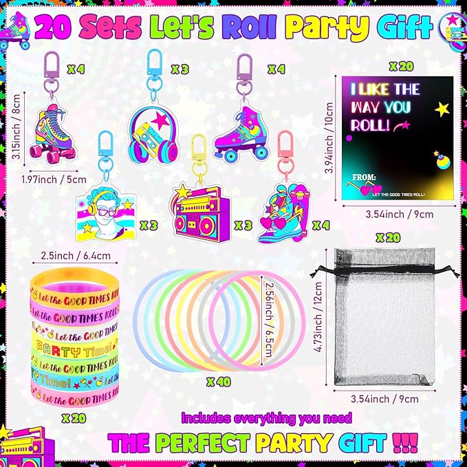 120 Pcs Roller Skate Party Supplies Roll Party Supplies Include Skate Keychain Glow in The Dark Silicone Wristband Luminous Bracelet Thank You Card for Retro 80s 90s Hip Hop Birthday