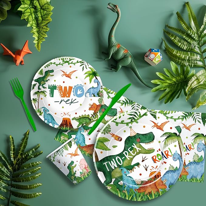 Dinosaur Two Rex Birthday Decorations Boy, Dino Theme Dinosaur Birthday Party Supplies Tableware, Paper Plate, Cup, Napkin, Fork, 24 Guests