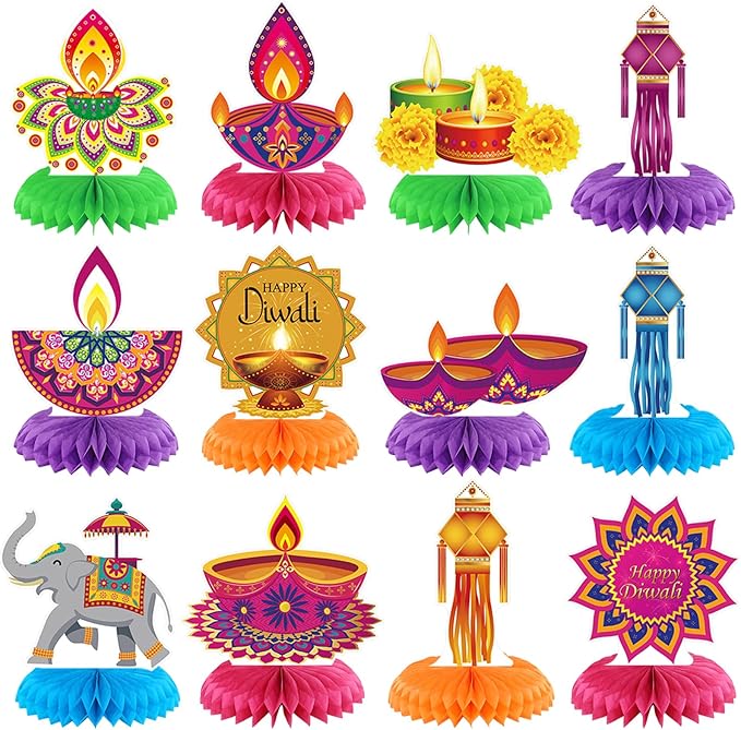 12 Pcs Diwali Party Decorations Honeycomb Centerpieces Happy Diwali Table Decoration Elephants Marigold Candlestick Indian Hindu Lights Table Topper for Indian Party Favors Supplies