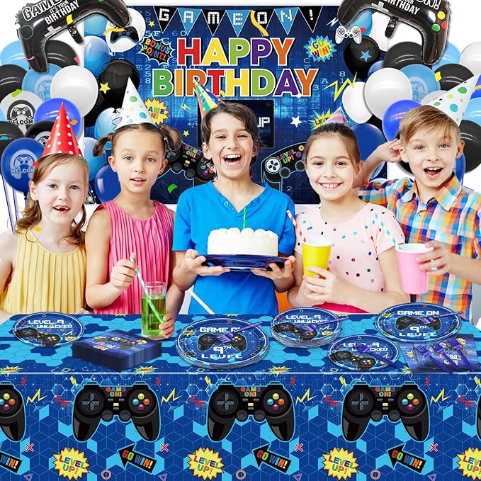 81 Pcs Video Game Party Supplies - 9th Birthday Video Game Party Decor Dinner Plates Napkins Video Game Tablecloth Forks Gaming Party Pack for Kid Boy 9th Birthday Party, Serves 20 (9th)