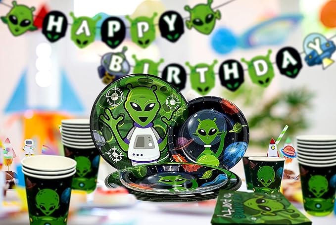 LaVenty Alien Theme Birthday Decoration Alien Prop Outer Space Party Decorations Alien Banner UFO Theme Birthday Party Supplies