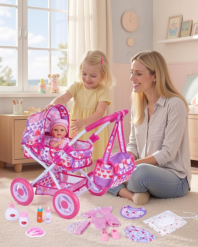 BABESIDE Baby Doll Stroller Set with 12 Inch Baby Doll, 14 Pcs Baby Doll Accessories, Folding Doll Pram Pretend Play Set, Feeding, Bath & Care Toys, Gift for Girls Ages 3yrs+