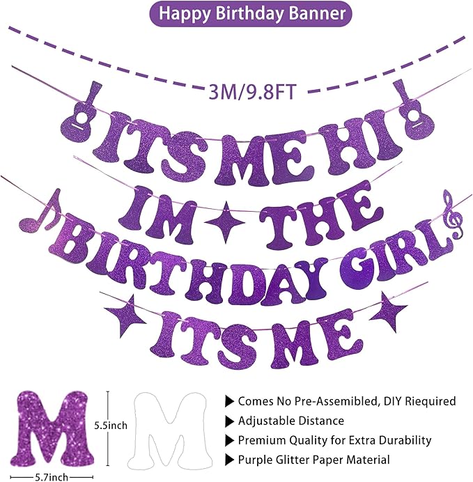 Pink Purple Music Theme Birthday Party Decorations, Its Me Hi Im The Birthday Girl Its Me Party Banner, Disco Cake Topper Sash Tablecloth for Girls Party Supplies