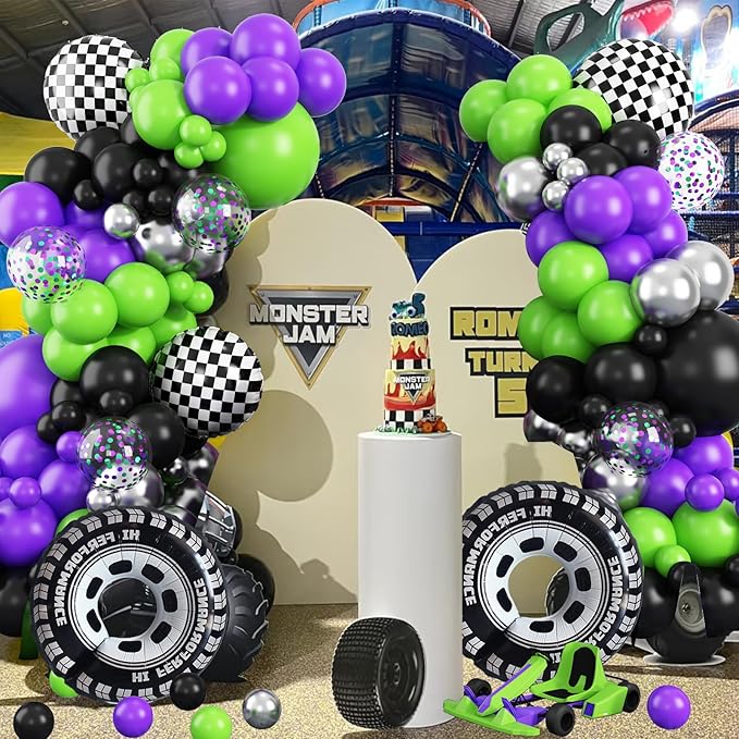 Truck Balloons Arch Kit,170Pcs Purple Black Green Metallic Silver Confetti Balloons Wheel Checkered Balloon for Kids Birthday Party,Monster Race Car Truck Theme Party Decorations Supplie