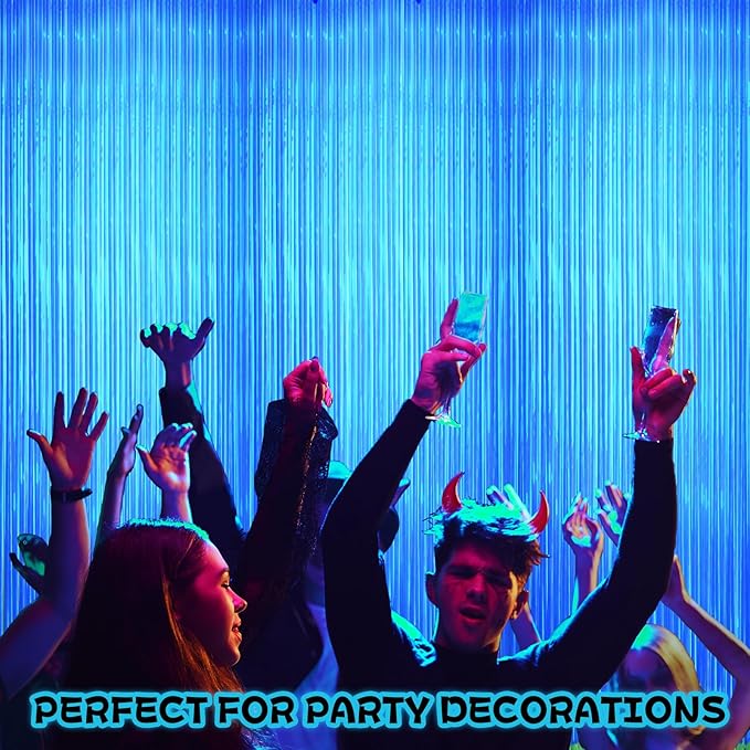 2 Pack Glow in The Dark Curtains Party Supplies 6.6 x 3.3 Ft Glow Tinsel Foil Fringe Curtains Blue Photo Booth Prop Backdrop Streamer for Birthday Holiday Neon Party Decoration