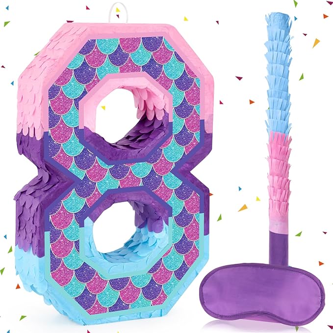 Mermaid Number 8 Pinata with Purple Pinata Stick Blindfold 8th Birthday Party Decorations for Kids Girl Happy Birthday Mermaid Ocean Theme Party Supplies (Small, 15.4 x 11 x 3 In)