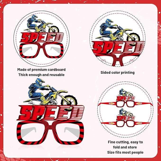 24 PCS Dirt Bike Party Paper Eyeglasses, Dirt Bike Party Favors Decorations Supplies, Motocross Birthday Party Decorations Gifts Photo Booth Props for Kids Boys Girls