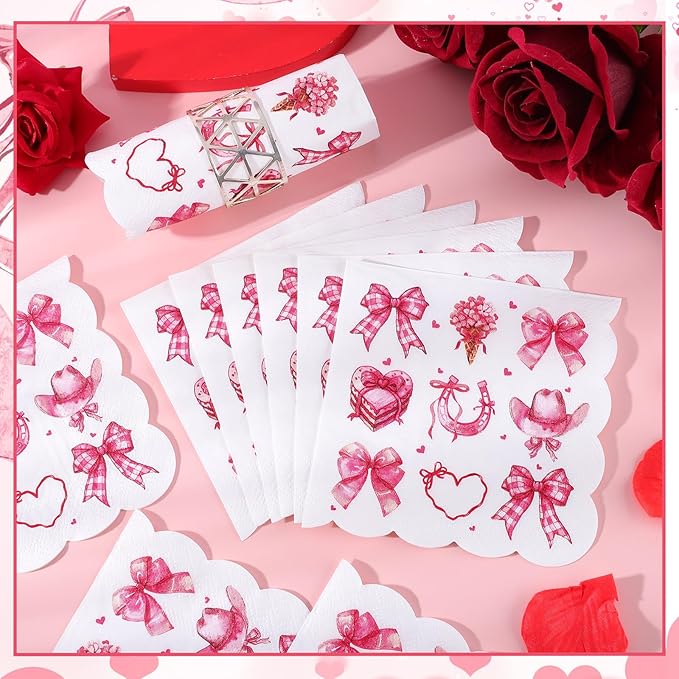 100 Pcs Bow Napkins, Scalloped Pink Bow Western Cowgirl Party Decorations Disposable Dessert Beverage Napkins for Bachelorette, Girls Birthday, Bridal Baby Shower