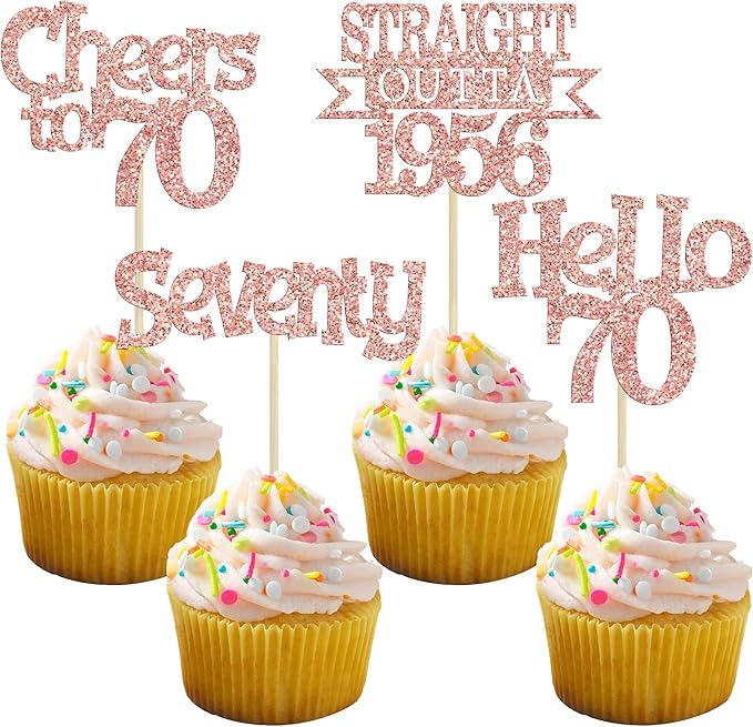 Ephlyn 24Pcs Happy 70th Birthday Cupcake Toppers Glitter Straight Outta 1956 Cupcake Picks Hello 70 Cheers to 70 Years Birthday Cake Decorations for 70th Birthday Anniversary Party Supplies Rose Gold