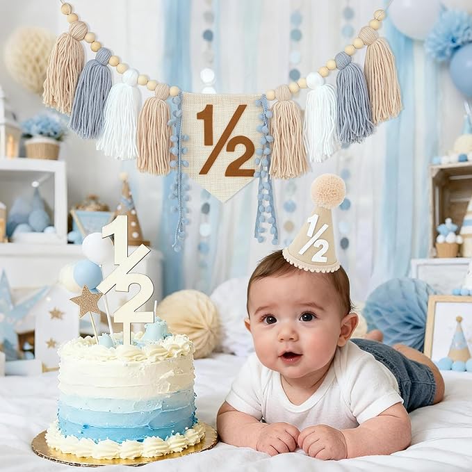 1/2 Birthday Decorations For Baby Boys 6 Months Khaki Cone Birthday Hat With Cake Topper Happy Half Year Party Photoshoot Props