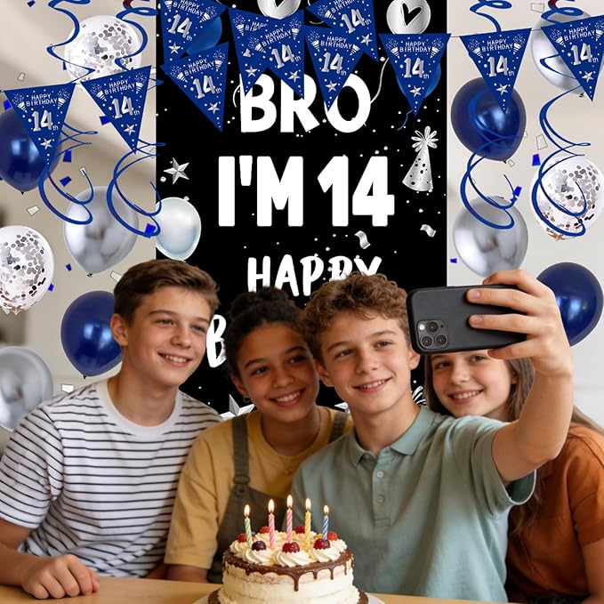 14th Birthday Decorations for Boys Girls, Dark Blue 14 Year Old Bday Decorations with Happy 14th Birthday Banner Backdrop Tablecloth, Party Supplies with 14 Balloon Numbers, Triangle Flag, Foil Stars