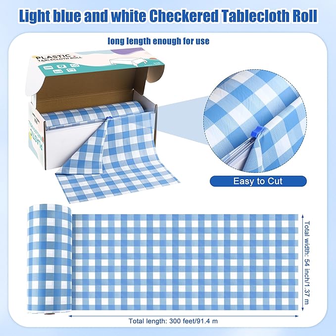 Kochorie 54 Inch x 300 Ft Light Blue Checkered Plastic Table Cloth Roll Disposable Waterproof Table Cover Plastic Table Cover Roll with Easy Slide Cutter for Outdoor Picnic/Home Dining/Spring Party