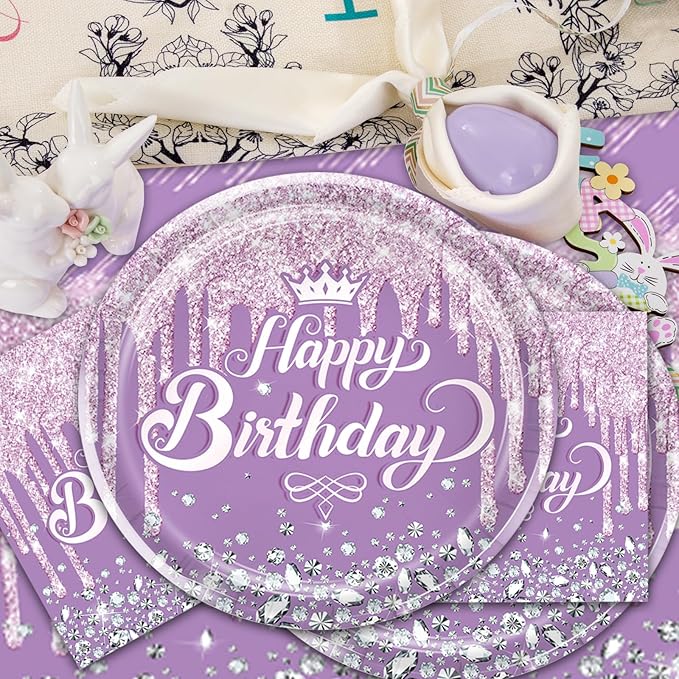 41pcs Purple and Silver Party Supplies ,include 20 dessert plates,20 Napkin and 1pcs Tablecloth,Used for Purple Silver Glitter Birthday Party Decoration Set