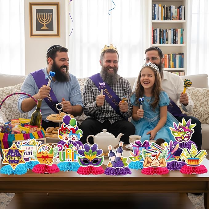 Happy Purim Decorations for Party - 12PCS Purim Party Honeycomb Centerpieces Table Decor, Jewish Groggers Hamantaschen Festival Holiday Carnival Supplies