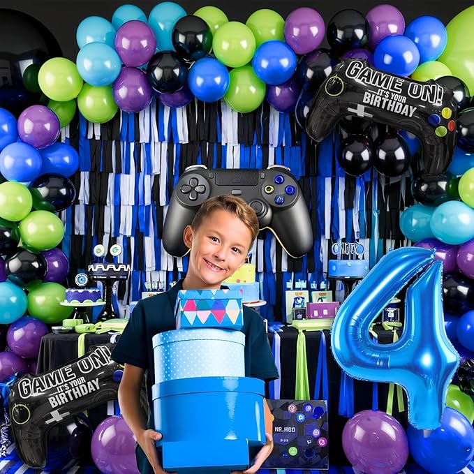 4th Birthday Video Game Balloons Arch, 4th Game Party Balloons Garland Kit 4th Game Birthday Supplies with Blue Number 4 Balloon for 4 Year Old Teens Boys Birthday Decor