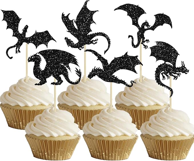 24Pcs Dragon Cupcake Toppers Glitter Dinosaur Birthday Cupcake Picks for Flying Dragon Theme Baby Shower Kids Birthday Party Cake Decorations Supplies Black