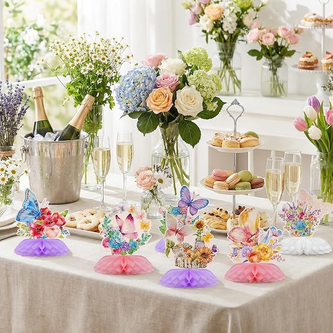 10Pcs Butterfly Centerpieces for Tables Butterfly Flowers Centerpieces Spring Honeycomb Table Decor Spring Flower Toppers for Birthday Party Supplies