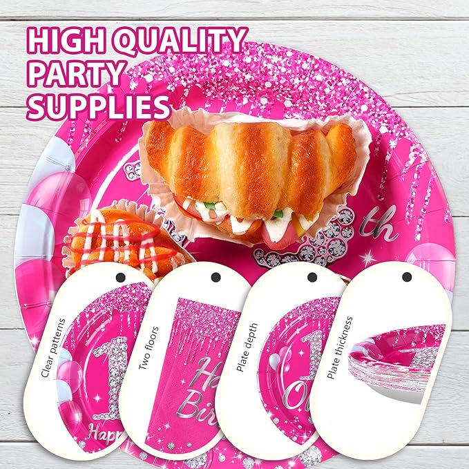 96 Pcs 13th Birthday Party Supplies Disposable Hot Pink 13 Plates and Napkins Tableware Set 13th Birthday Decorations for Girls Thirteen Official Teenager Happy 13 Years Old birthday Party Serves 24