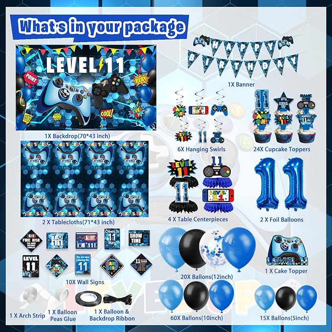 11th Birthday Decorations for Boys, 149Pcs Blue Video Game level 11 Party Supplies for Boy 11th Birthday - Backdrop, Banner, Balloons, Tablecloth, Centerpieces, Hanging Swirls, Wall Signs