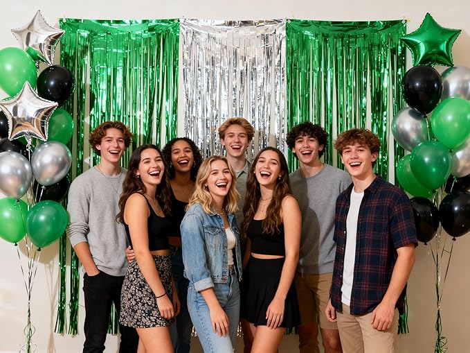 3 Packs Green Silver Foil Fringe Curtains, Birthday Party Decorations Backdrop Tinsel Steamer, Graduation Party Decorations Retirement Decor Party Backdrop
