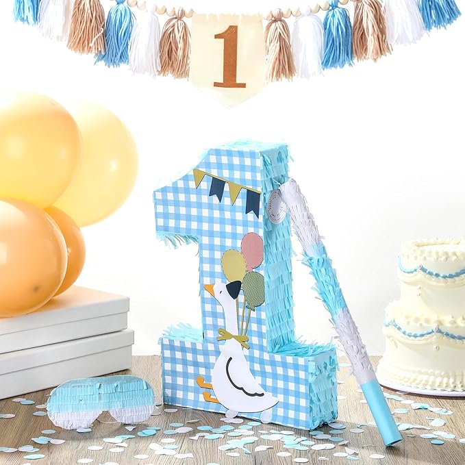 Set of 3 Goose 1st Birthday Piñata One Silly Goose Piñata 1st Birthday Party Game Set with Mask Stick Blindfold and Confetti Baby Shower Photo Props Game Supplies