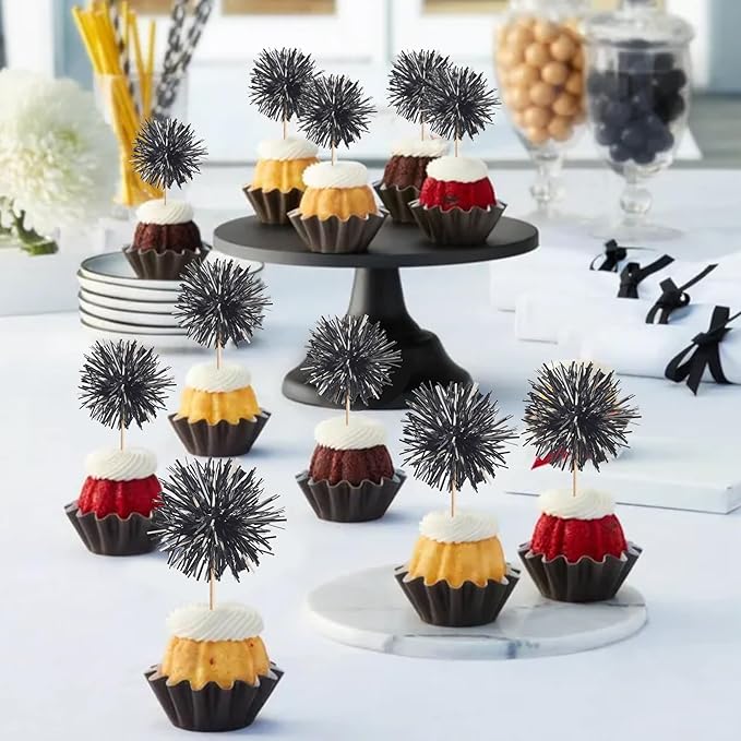 40 PCS Black Foil Firework Cupcake Toppers Sparkle Tinsel Cupcakae Picks Sparkler Fireworks Party Decorations Cocktail Fruit Toothpick for Birthday Wedding Graduation Party Decorations Supplies