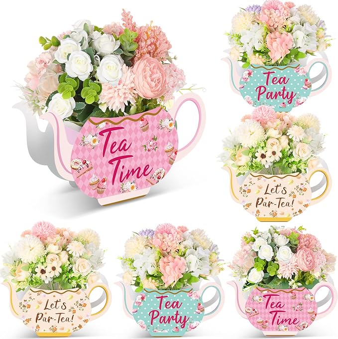 Yinder 6 Pcs Tea Party Decorations Princess Party Flower Boxes Centerpiece Floral Teapot Centerpiece for Floral Tea Themed Birthday Wedding Supplies(Elegant Tea Pot)