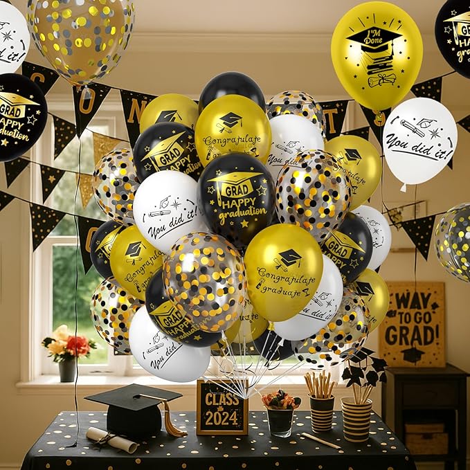 Graduation Party Decorations Balloons Set, 50PCS 12 Inch Black Gold White Confetti Party Latex Balloon for Class Of 2025 Graduation Party Decoration Supplies