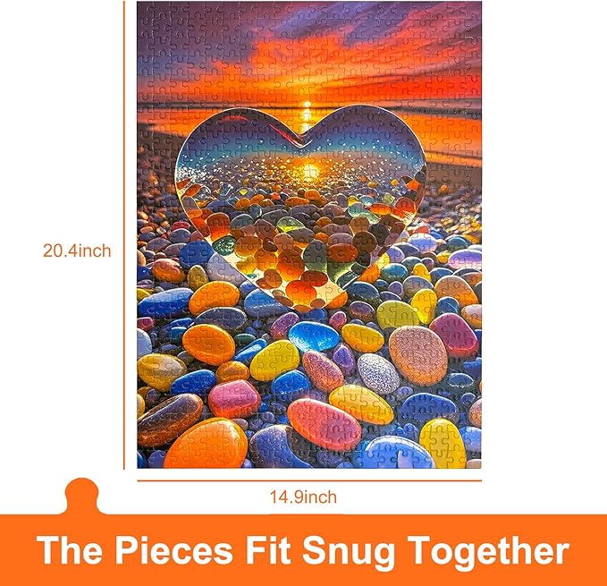 500 Piece Jigsaw Puzzle for Adults Heart-Shaped Sunset Beach Pebbles Colorful Stones Scenic Ocean View Puzzle Challenging 500pc Art Puzzle for Adults & Families (20x15 Inches)