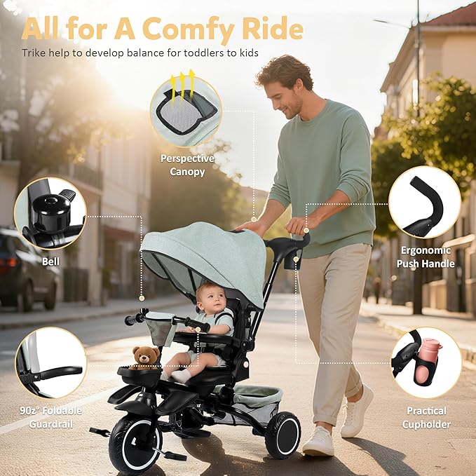 Folding Kids Tricycle, 8 in 1 Toddler Trike W/Removable & Adjustable Canopy, Parent Handle, 5-Piont Harness, Toddler Bike Tricycle for Kids 1-6 Years, EVA Wheels, Storage Basket, Green