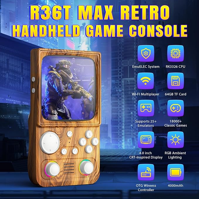 R36T MAX Upgraded Retro Handheld Game Console with 4000mAh Battery, 4.0'' IPS Screen, Retro Gaming Console with Portable Case, Supports WiFi Networked Fighting and OTG(Wood Grain Brown)