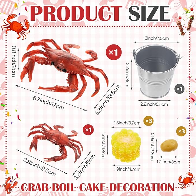9 Pcs Crab Cake Topper Crab Boil Party Decorations Supplies Plastic Potato Corn Metal Pail for Theme Birthday Festival Potluck