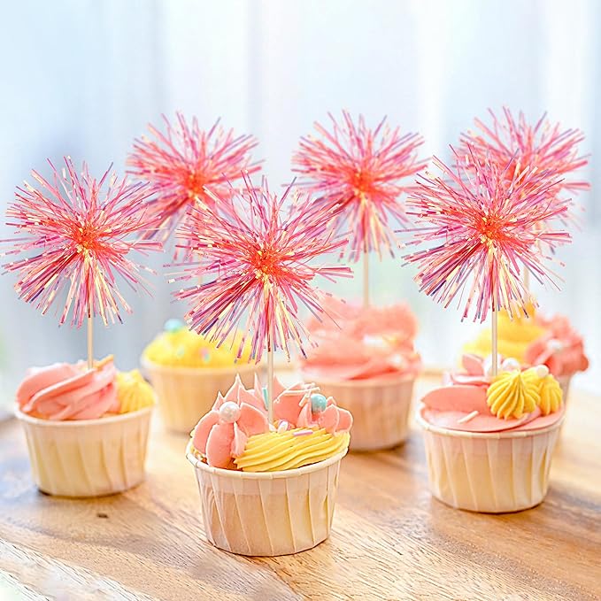 30 PCS Foil Firework Cupcake Toppers Happy Birthday Cupcake Toppers Sparkle Tinsel Flower Drink Stirrers Cocktail Fruit Toothpicks for Valentine's Day Baby Shower Party Cake Decor Supplies Orange